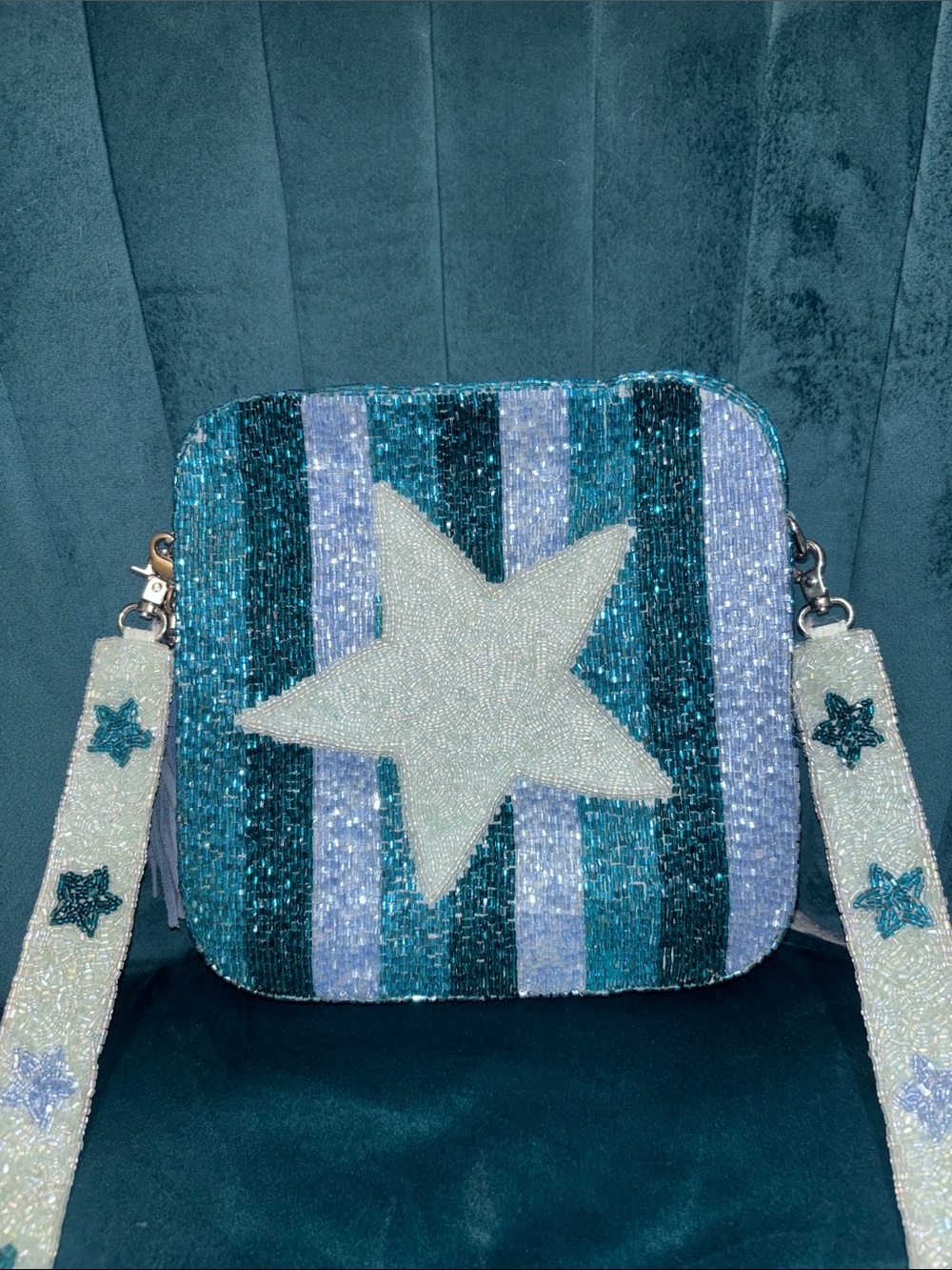 Moyna Beaded Star Stripe Crossbody in Teal and Light Blue - Picture 1 of 4